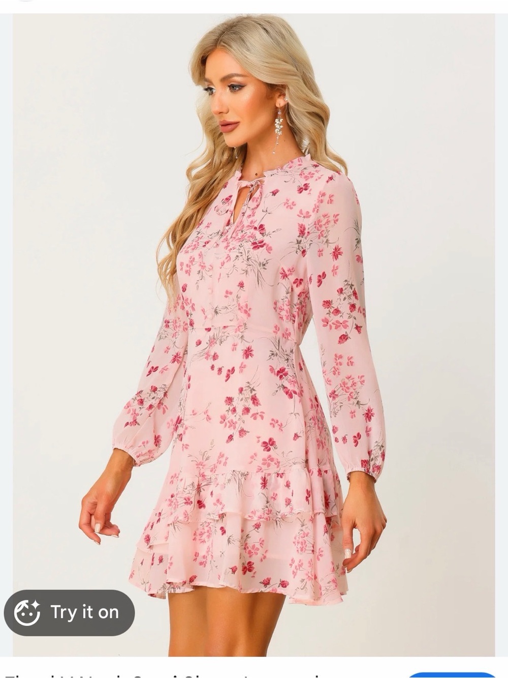 Allegra K Pink Floral Tie-Neck Blouse Dress